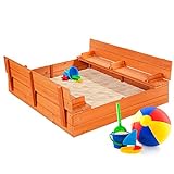 Best Choice Products 47x47in Kids Large Wooden Sandbox for Backyard, Outdoor Play w/Cedar Wood, 2 Foldable Bench Seats, Sand Protection, Bottom Liner - Brown
