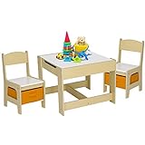 Arlopu Kids Table and 2 Chairs Set, 3-in-1 Wooden Activity Table, w/Detachable Storage Drawer, Drawing Reading Black Board Desk, Art Craft, Playroom, Nursery, Toddler Table and Chair Set (Natural)