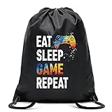 Pishovi Eat Sleep Game Repeat Drawstring Waterproof Backpack, Game Sports Bag for Man Women, Game Player Gifts, Game Gift for Game Lover Game Fan, Game Lover Gift Idea