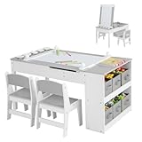Costzon 2 in 1 Kids Table and Chair Set, Wood Art Table & Easel Set with 2 Chairs, 6 Storage Bins, Paper Roller, Paint Cups for Draw, Write, Play, Arts & Crafts, Toddler Table and Chair Set (Gray)