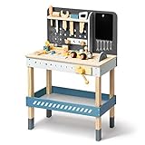ROBOTIME Wooden Tool Bench for Kids,Toy Play Workbench Workshop with Tools Set, Creative Wood Toy Construction Tool Bench for 3 4 5 Year Old Boys Girls Blue