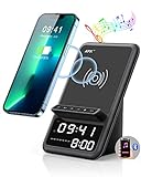 Wireless Charger for iPhone/Samsung,AFK 4 in 1 Charging Station with Bluetooth Speaker,Alarm Clock,Hands-Free Calling,Compatible with iPhone 13/12/11/Pro Max/XR/X/8 Plus,Samsung and More(Black)