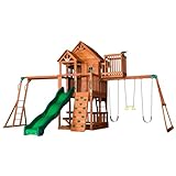 Backyard Discovery, Skyfort II Playground Cedar Wood Swing Set with Playhouse Fort, Sandbox, Picnic Table, Slide, Monkey Bars, Swings, Rock Climber, Outdoor Playset for kids Age 3-10 years