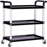 PELOEMNS Plastic Utility Carts with Wheels, Heavy Duty 510lbs Capacity Rolling Service Cart, 3-Tier Restaurant Food Cart with Hammer for Office, Warehouse, Garage (Lockable Wheels, Black)