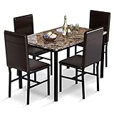 AWQM 5 Piece Dining Table Set for 4,Faux Marble Kitchen Table and Chairs for 4, Modern Dining Room Table Set with PU Leather Chairs, Dinette for Small Spaces,Breakfast Nook,Living Room, Brown