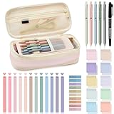 Jutom 30 Pcs Aesthetic Stationery Set Pencil Case Bag with Cute Highlighters Gel Pens 500 Sheets Transparent Sticky Notes Pads 200 Sheets Index Tabs for School Book Annotation Kit(Pink)
