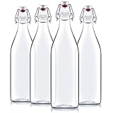 Bormioli Rocco Giara Swing Top Bottles 33 ¾ Ounce-4 Pack Round Clear Glass Grolsch Flip Top Bottle With Stopper, for Beverages, Smoothies, Kefir, Beer, Soda, Juicing, Kombucha, Water, Milk and Vinegar