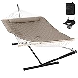 ANOW 2 Person Hammock with 12FT Heavy Duty Steel Stand, Double Rope Hammock with Detachable Pillow and Hammock Pad for Outdoors Indoors, 450 LBS Weight Capacity, Light Brown