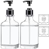 Clear Soap Dispenser with Pump, Waterproof Labels (2 Pack,18 Oz), Modern Farmhouse Style Plastic Hand Soap Dispenser, Dish Soap Dispenser for Kitchen and Bathroom, Thick Soap Dispenser Bathroom Bottle