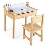 HONEY JOY Kids Table and Chair Set, Wood Lift-Top Desk & Chair with Storage, Paper Roll Holder & Pen Slot, Activity Table Set for Craft Art, Children Furniture Set for Daycare, Playroom (Natural)
