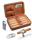 Flauno Cigar Travel Humidor Case, Leather Cigar Case with Cedar Wood Lined, Portable Travel Humidor Box with Cigar Accessories (Cigar Lighter, Cigar Cutter and Cigar Holder)
