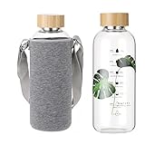 Ttifangix 50 Oz Glass Water Bottle Wide Mouth with Time Markers, Bamboo Lid, Neoprene Sleeve Bpa Free