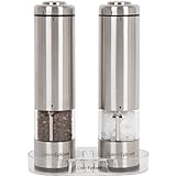 Electric Salt and Pepper Grinder Set (pack of 2) - Stainless Steel Battery Operated Salt & Pepper Mills with Light - Complimentary Mill Rest- One Handed Operation Adjustable Ceramic Grinders