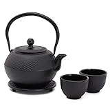 Cast Iron Teapot, Japanese Tetsubin Kettle Set with 2 Cups, Tea Infuser (1200 ml, Black)