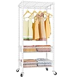 VIPEK R2 Medium Rolling Garment Rack Rolling Clothes Rack for Hanging Clothes Portable Closet Rack with Hanging Rod Metal Basket Heavy Duty Clothing Racks Storage Shelves Laundry Cart on Wheels, White