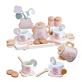 26 Pcs Wooden Tea Set for Little Girls, Play Kitchen Accessories for Toddlers Princess Tea Party with Play Food, Pretend Play Tea Set Toy for Kids 1 2 3, Improve Imagination and Social Skills
