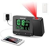 SMARTRO SC31B Digital Projection Alarm Clock with Weather Station, Indoor Outdoor Thermometer, USB Charger, Dual Alarm Clocks for Bedrooms, AC & Battery Operated