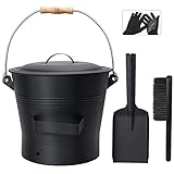 BRIAN & DANY Ash Bucket with Lid, 2.6 Gallon Fireplace Ash Bucket with Shovel and Hand Broom, Metal Bucket for Fireplace, Fire Pit, Wood Burning Stove