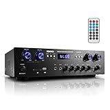 Donner Bluetooth 5.0 Stereo Audio Amplifier Receiver, 4 Channel, 440W Peak Power Home Theater Stereo Receiver USB, SD,FM, 2 Mic in Echo, RCA, LED, Speaker Selector for Studio, Home-MAMP5