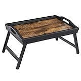 SONGMICS Bed Tray Table with Bamboo Folding Legs, Sofa Breakfast Tray, Serving Tray with Groove for Phone Tablet, Rustic Dark Brown ULLD111B01