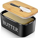 Butter Dish with Lid for Countertop Large Butter Dish Ceramics Butter Keeper Container with Knife and High-Quality Silicone Sealing Butter Dishes with Covers Good Kitchen Gift Black