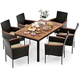 S AFSTAR 7 Piece Patio Dining Set, PE Rattan Outdoor Dining Furniture Set for 6 with Stackable Chairs & Acacia Wood Table, 1.96'' Umbrella Hole, Outdoor Table and Chairs for Backyard, Deck, Garden
