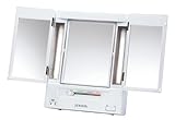 JERDON Tri-Fold Two-Sided Makeup Mirror with Lights - Vanity Mirror with 5X Magnification & Multiple Light Settings - White Base - Model JGL9W