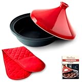Uno Casa Cast Iron Tagine Pot Moroccan for Cooking - 3.65 Quart Tajine Pot Moroccan with Enameled Cast Iron Base and Ceramic Lid, Finest Cookware - Tangine Pot Red Double Oven Mitts Included