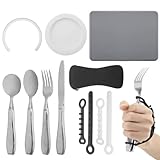 Weighted Utensils Kit by Tilcare - Weighted Utensils for Hand Tremors & Parkinson's Patients Set with a Bag, Silicone Mat, Plate, Plate Guard, 4 Universal Cuff Strap, Fork, Knife and 2 Spoons