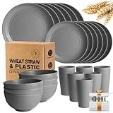 Teivio Kitchen Wheat Straw Dinnerware Set, Dinner Plates, Dessert Plate, Cereal Bowls, Cups, Unbreakable Plastic Outdoor Camping Dishes (Service for 6 (24 piece with flatware), Grey)