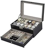 Tebery 12-Slot Watch Box Case Lockable with Glass Lid, 2 Layers Watch Holder Organizer Display with 1 Drawer for Rings and Bracelets, Gift For Boyfriend Fathers Day Birthday Gifts (Black)