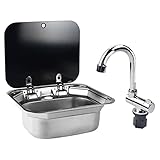 RV Caravan or Boat Stainless Steel Hand Wash Basin Sink with Folded Faucet Tempered Glass Lid van Camper Trailer Accessories (Sink with tapB)