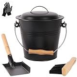 Mini Ash Bucket for Fireplace, Fireplace Ash Bucket with Lid 1.5 Gallon, Metal Ash Coal Bucket with Broom & Shovel, Wood pellet Container Fireplace Accessories Tool Set for Wood Burning Stove Fire Pit