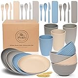 FOODLE 28 Piece Lightweight & Unbreakable Wheat Straw Dinnerware Set - Microwave & Dishwasher Safe, Perfect for Picnics, Camping, RV - Plates, Cups, Bowls