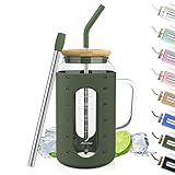 Cafezi 50 oz Glass Tumbler with Handle,Glass Water Bottles with Straw and Bamboo Lid,Motivational Water Tumber Cup with Time Marker,Silicone Sleeve BPA Free