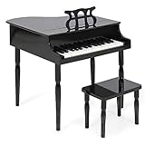 Best Choice Products Kids Classic Wooden 30-Key Mini Grand Piano Musical Instrument Toy w/Piano Lid, Bench, Foldable Music Rack, Song Book, Note Stickers, Enamel Finish - Black