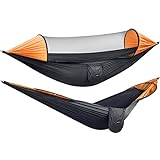 G4Free Large Camping Hammock with Mosquito Net 2 Person Pop-up Parachute Lightweight Hanging Hammocks Tree Straps Swing Hammock Bed for Outdoor Backpacking Backyard Hiking (Black/Orange)