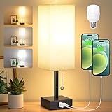 Bedside Table Lamp with 3 Levels Brightness - 2700/3500/5000K Small Lamp with USB C+A Ports, Nightstand Lamp with 3 Color Modes by Pull Chain, Bedroom Lamp for Living Read Work(LED Bulb Included)