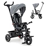 HONEY JOY Tricycle, 5-in-1 Baby Tricycle Stroller w/Adjustable Push Handle & Canopy, Reversible Seat, EVA Wheels Cup Holder & Storage Basket, Push Tricycle for Toddlers Age 1.5-5 Year Old (Gray)
