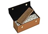 Alex Cramer Domino Set with Caramel Colored Leather Case - Professional Tournament Traveller - No Spinners Domino Set - 28 Indestructible Double Six Dominoes (Double 6 Travel Domino Set)