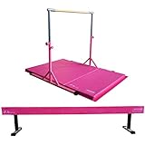 Z ATHLETIC Expandable Kip Bar for Gymnastics, 4ft x 6ft x 2in Mat, & 18” Off Ground Balance Beam Set (Pink) (ZATH-KIP-4x6x2-OGB18-P)