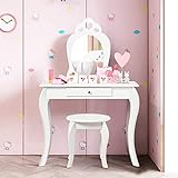 HONEY JOY Kids Vanity Set with Mirror, Toddler Wooden Vanity Table with Stool & Drawer, Removable Top, Princess Pretend Play Beauty Makeup Dressing Table Playset for Little Girls(White)