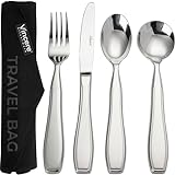 Weighted Utensils for Tremors and Parkinsons Patients - Heavy Weight Stainless Steel Silverware Set, Adaptive Eating Flatware Helps Hand Tremors, Parkinson, Arthritis - Knife, Fork, 2 Spoons & Bag