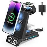 Wireless Charging Station - 4 in 1 Wireless Charger with Alarm Clock, Charging Stand Dock for iPhone 15/14/13/12/11/Pro/Max/XR/XS/X/Samsung Phone, for AirPods Pro/3/2, Apple Watch 9/8/7/6/5/SE/4/3/2