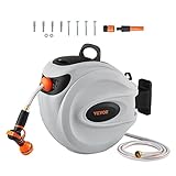 VEVOR Retractable Hose Reel, 65 ft x 5/8 inch, 180° Swivel Bracket Wall-Mounted, Garden Water Hose Reel with 9-Pattern Nozzle, Automatic Rewind, Lock at Any Length, and Slow Return System