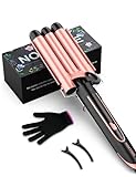 NOATOKE Hair Waver 3 Barrel Curling Iron,1 Inch Three Barrel Hair Crimper Wand with 30S PTC Fast Heating Hairstyler with Dual Adjustable Temps Dual Voltage Auto Shut-Off and Anti-Scald Tip