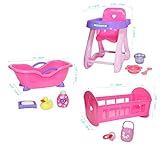 JC Toys Deluxe Doll Accessory Bundle | High Chair, Crib, Bath and Extra Accessories for Dolls up to 11' | Fits 11' La Baby & Other Similar Sized Dolls, Pink (81453)