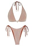 ZAFUL Women's Triangle Bikini Multiway Fishnet Tie Side Bandeau Halter String Bikini Set Two Piece Swimsuit Bathing Suits (1-Coffee, Medium)