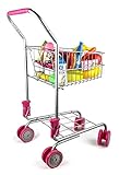 Precious Toys Shopping Cart with Food, Play Grocery Cart with 23 Pieces, Fits 18 inch Baby Dolls, Smooth Rolling Wheels, Folds for Easy Storage, Gift for Kids Ages 2+,Pink & Black