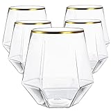 40 count Diamond Unbreakable Stemless Plastic Wine Champagne Whiskey Glasses Elegant Durable Disposable Indoor Outdoor Ideal for Home, Office, Bars, Wedding, 12 Ounce Cups Gold Rim (Gold)